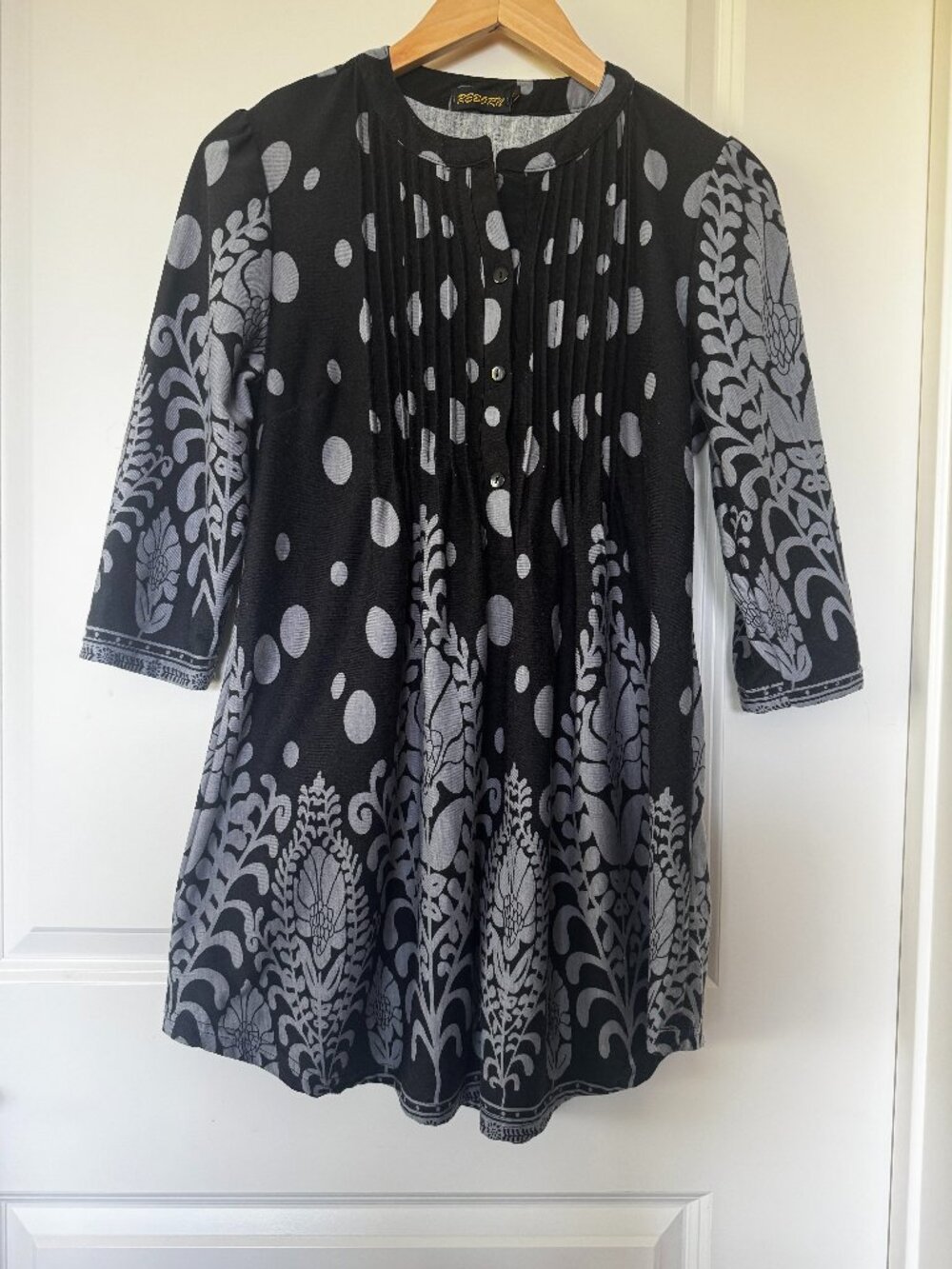 Reborn Black Gray Boho Folk Floral Babydoll Tunic Dress Cottagecore S